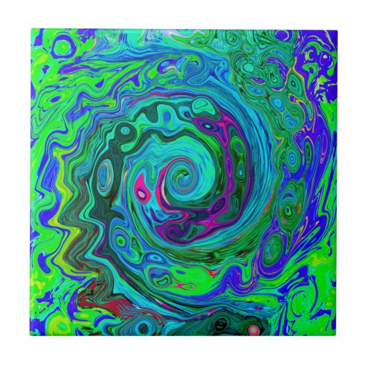Groovy Abstrakt Retro Grün und Blau Swirl Fliese (Vorderseite)