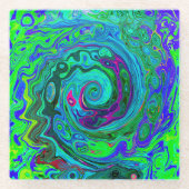 Groovy Abstrakt Retro Grün und Blau Swirl Glasuntersetzer (Vorderseite)