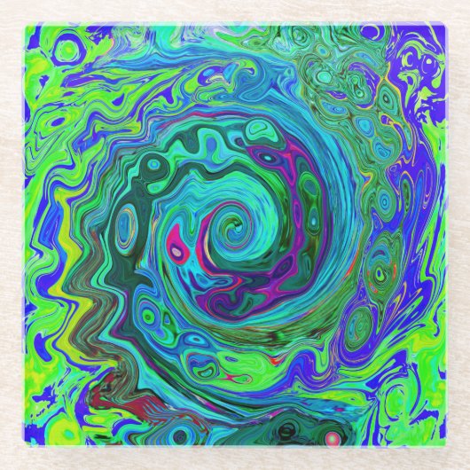 Groovy Abstrakt Retro Grün und Blau Swirl Glasuntersetzer (Vorderseite)