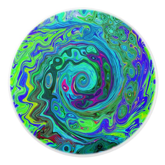 Groovy Abstrakt Retro Grün und Blau Swirl Keramikknauf (Vorderseite)