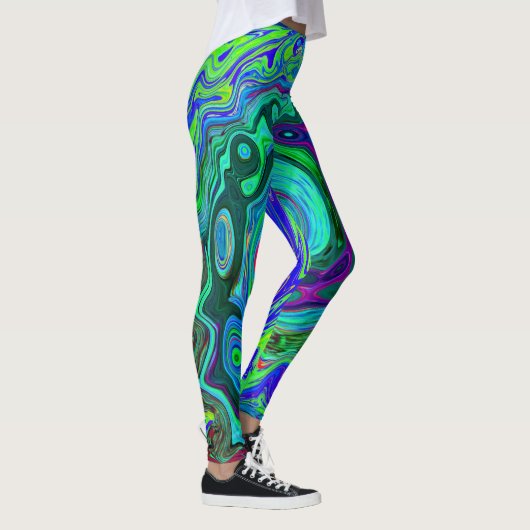 Groovy Abstrakt Retro Grün und Blau Swirl Leggings (Rechts)