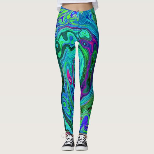 Groovy Abstrakt Retro Grün und Blau Swirl Leggings (Vorderseite)