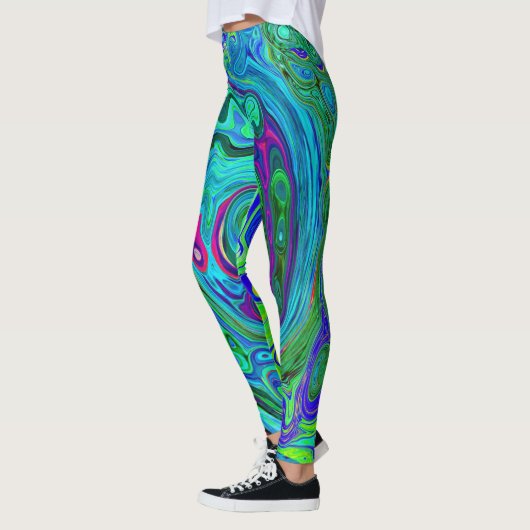 Groovy Abstrakt Retro Grün und Blau Swirl Leggings (Links)