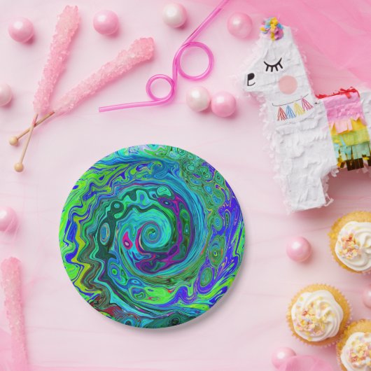 Groovy Abstrakt Retro Grün und Blau Swirl Pappteller (Party)