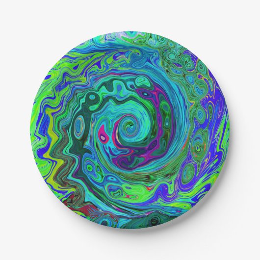 Groovy Abstrakt Retro Grün und Blau Swirl Pappteller (Vorderseite)