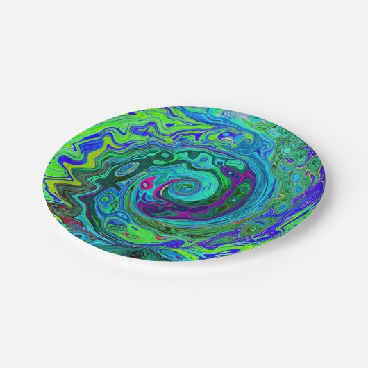 Groovy Abstrakt Retro Grün und Blau Swirl Pappteller (Schrägansicht)