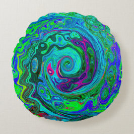 Groovy Abstrakt Retro Grün und Blau Swirl Rundes Kissen