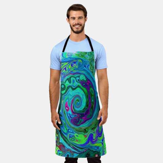 Groovy Abstrakt Retro Grün und Blau Swirl Schürze (Getragen)
