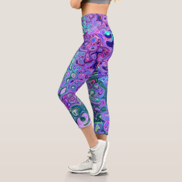 Groovy Abstrakt Retro Grün und Lila Swirl Capri Leggings