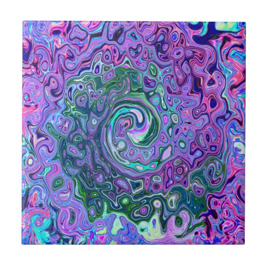 Groovy Abstrakt Retro Grün und Lila Swirl Fliese (Vorderseite)
