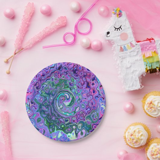 Groovy Abstrakt Retro Grün und Lila Swirl Pappteller (Party)