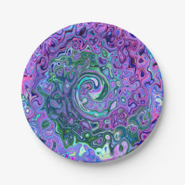 Groovy Abstrakt Retro Grün und Lila Swirl Pappteller