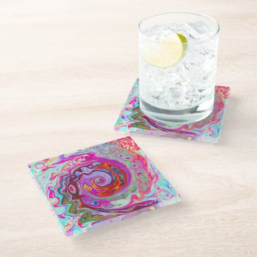 Groovy Abstrakt Retro Hot Pink und Blue Swirl Glasuntersetzer (Schrägansicht)