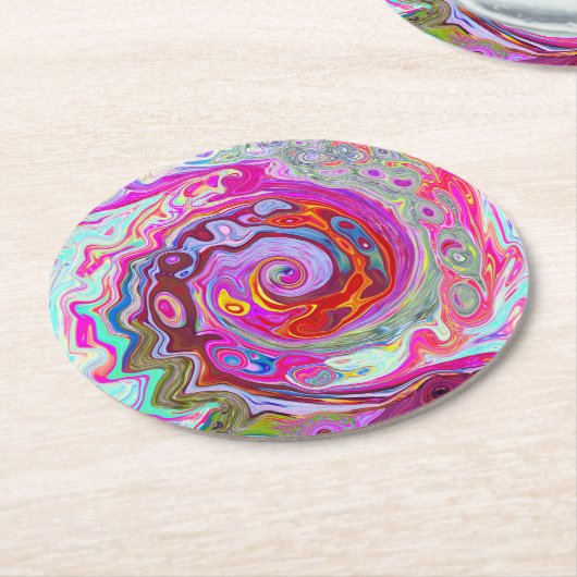 Groovy Abstrakt Retro Hot Pink und Blue Swirl Runder Pappuntersetzer (Angewinkelt)