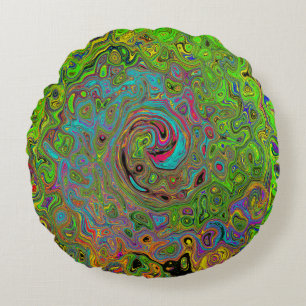 Groovy Abstrakt Retro Lime Green und Blue Swirl Rundes Kissen