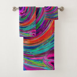 Groovy Abstrakt Retro Magenta Dark Rainbow Swirl Badhandtuch Set