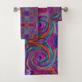 Groovy Abstrakt Retro Magenta Dark Rainbow Swirl Badhandtuch Set