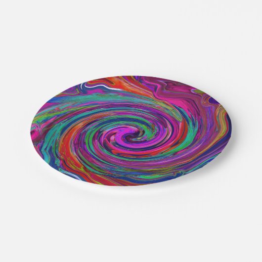 Groovy Abstrakt Retro Magenta Dark Rainbow Swirl Pappteller (Schrägansicht)