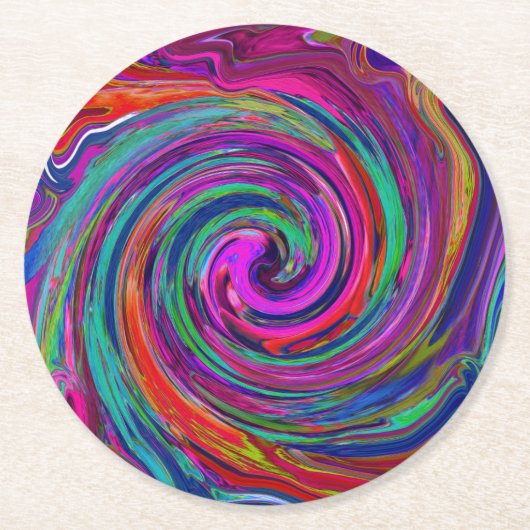 Groovy Abstrakt Retro Magenta Dark Rainbow Swirl Runder Pappuntersetzer (Vorderseite)