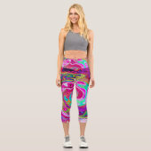 Groovy Abstrakt Retro Magenta Rainbow Swirl Capri Leggings (Vorderseite)