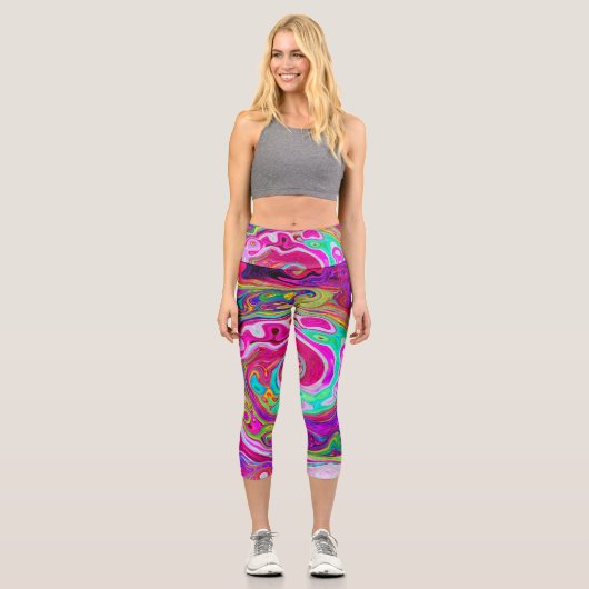 Groovy Abstrakt Retro Magenta Rainbow Swirl Capri Leggings (Vorderseite)