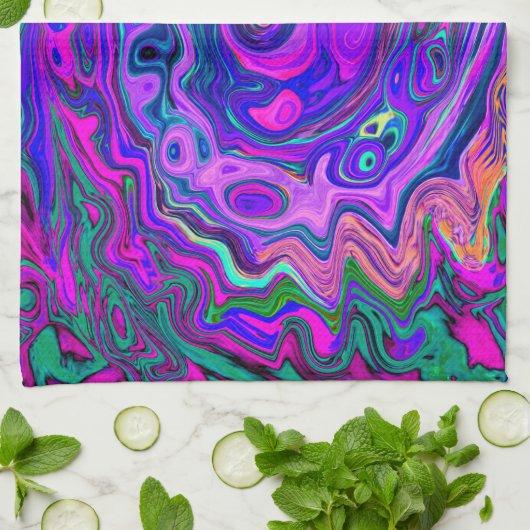 Groovy Abstrakt Retro Magenta und Lila Swirl Geschirrtuch (Gefaltet)