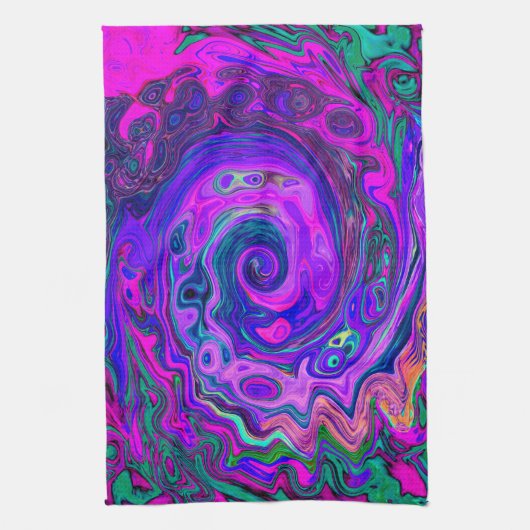 Groovy Abstrakt Retro Magenta und Lila Swirl Geschirrtuch (Vertikal)