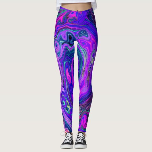 Groovy Abstrakt Retro Magenta und Lila Swirl Leggings (Vorderseite)