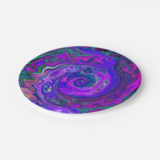 Groovy Abstrakt Retro Magenta und Lila Swirl Pappteller (Schrägansicht)
