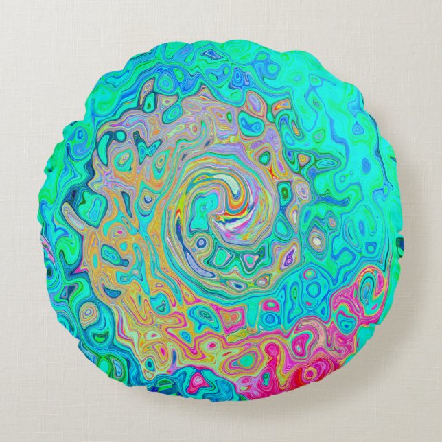 Groovy Abstrakt Retro Rainbow Liquid Swirl Rundes Kissen (Vorderseite)