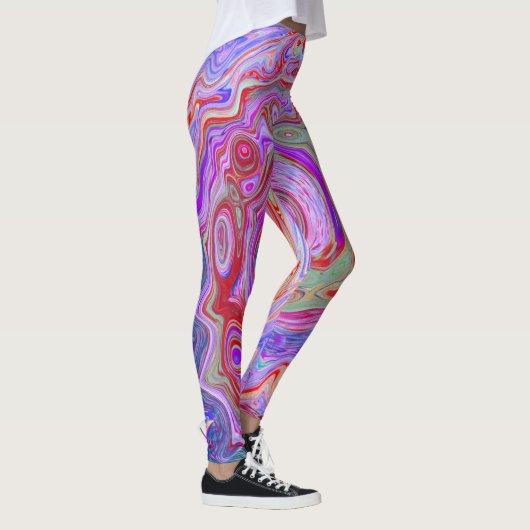 Groovy Abstrakt Retro Rot, Lila und rosa Swirl Leggings (Rechts)