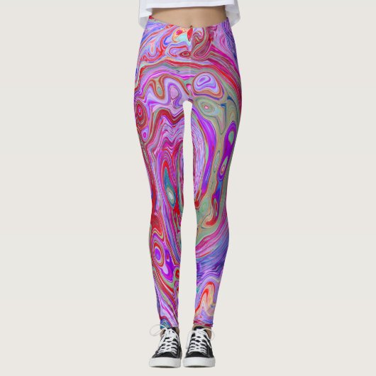 Groovy Abstrakt Retro Rot, Lila und rosa Swirl Leggings (Vorderseite)
