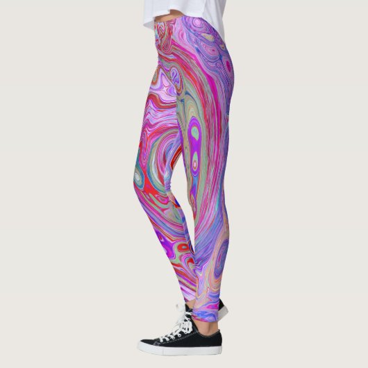 Groovy Abstrakt Retro Rot, Lila und rosa Swirl Leggings (Links)
