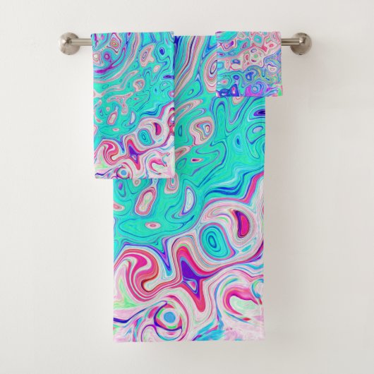 Groovy Aqua Blau und Rosa Abstrakt Retro Swirl Badhandtuch Set (Insitu)