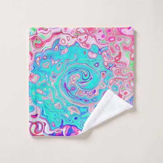 Groovy Aqua Blau und Rosa Abstrakt Retro Swirl Badhandtuch Set (Waschlappen)