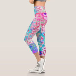 Groovy Aqua Blau und Rosa Abstrakt Retro Swirl Capri Leggings