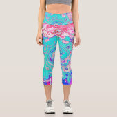 Groovy Aqua Blau und Rosa Abstrakt Retro Swirl Capri Leggings (Vorderseite)