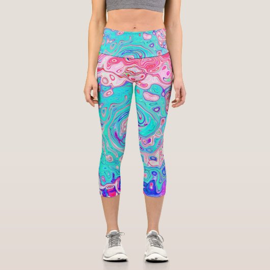 Groovy Aqua Blau und Rosa Abstrakt Retro Swirl Capri Leggings (Vorderseite)