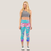 Groovy Aqua Blau und Rosa Abstrakt Retro Swirl Capri Leggings (Vorderseite)
