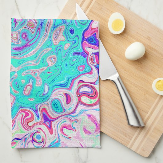Groovy Aqua Blau und Rosa Abstrakt Retro Swirl Geschirrtuch (Viertel Falte)
