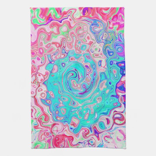 Groovy Aqua Blau und Rosa Abstrakt Retro Swirl Geschirrtuch (Vertikal)