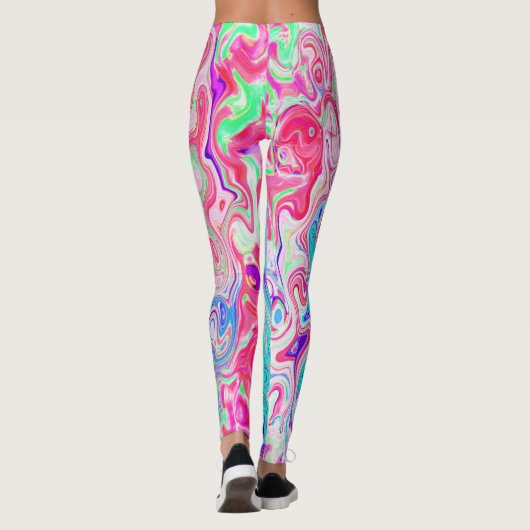 Groovy Aqua Blau und Rosa Abstrakt Retro Swirl Leggings (Rückseite)
