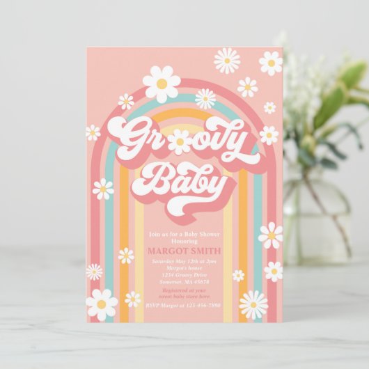 Groovy Baby Boho Daisy Rainbow Baby Shower Einladung (Stehend Vorderseite)