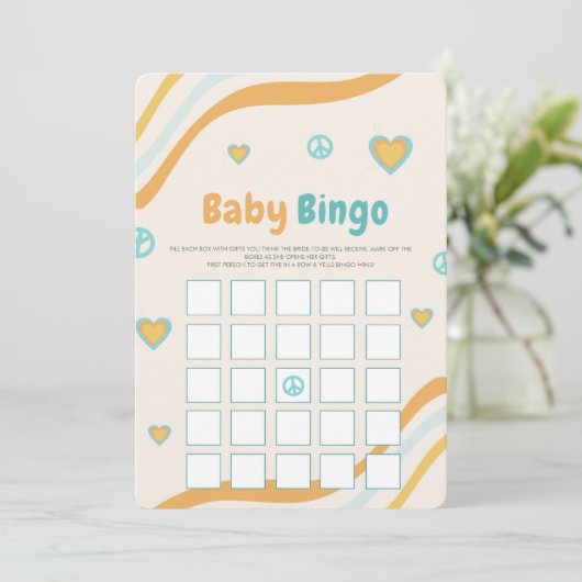 Groovy Baby Dusche Bingo Geschenk Retro Game Card Einladung (Stehend Vorderseite)