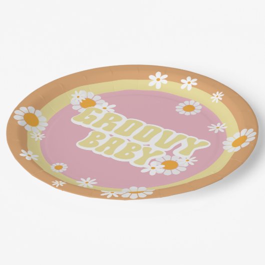 Groovy Baby Dusche Dekorationen, Retro, 70er Jahre Pappteller (Schrägansicht)