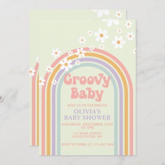 Groovy Baby Pastel Regenbogen Baby Dusche Einladun Einladung (Vorne/Hinten)