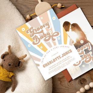 Groovy Baby Pink Retro Daisies Foto Babydusche Einladung