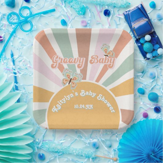 Groovy Baby Retro 70er Hippie Sunshine Pink Mustar Pappteller (Party)