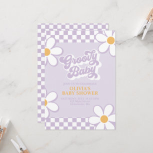 Groovy Baby Retro Check Lila Gänseblümchen Einladung