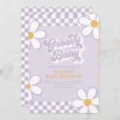 Groovy Baby Retro Karo Lila Daisy Einladung (Vorne/Hinten)